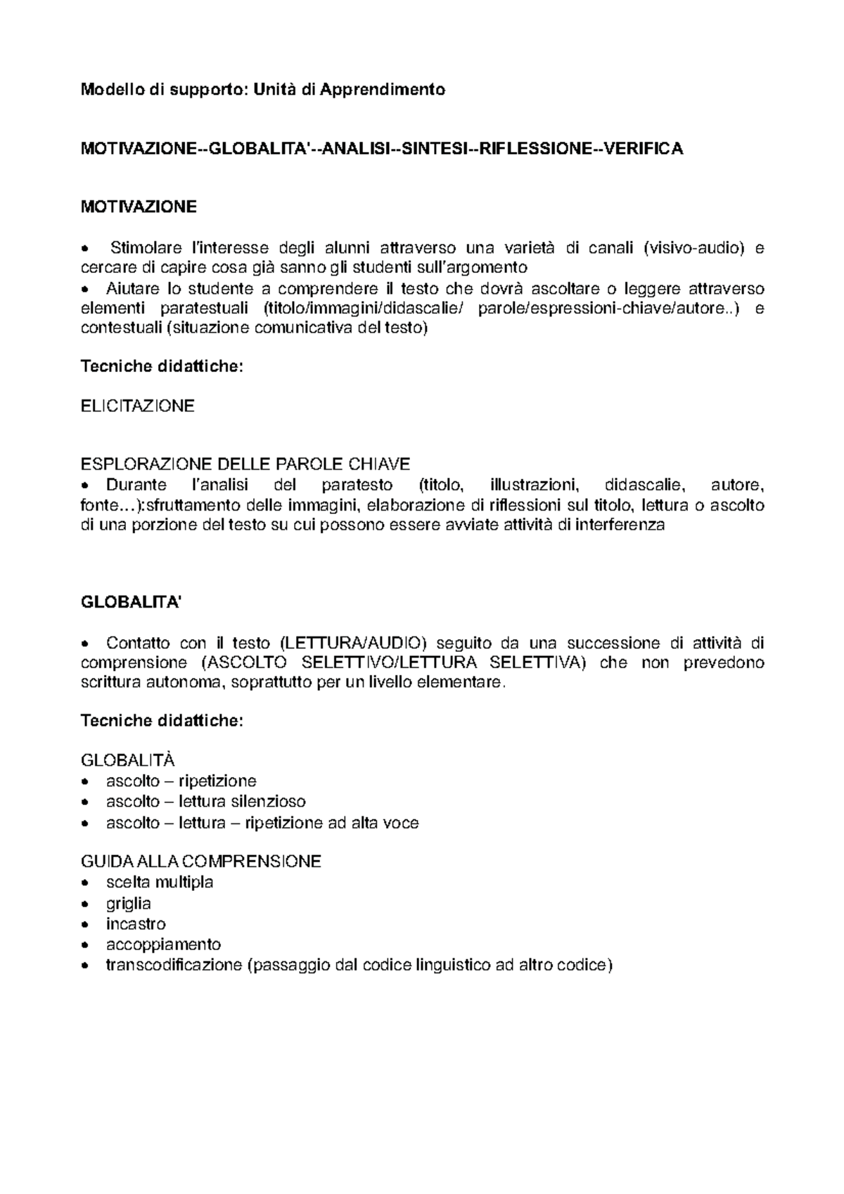 Tecniche glottodidattiche sintesi Modello di supporto Unità di Apprendimento Studocu