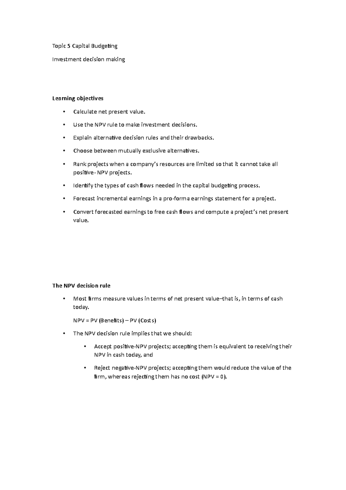 Topic 5 Capital Budgeting - BAO2001 - VU - Studocu