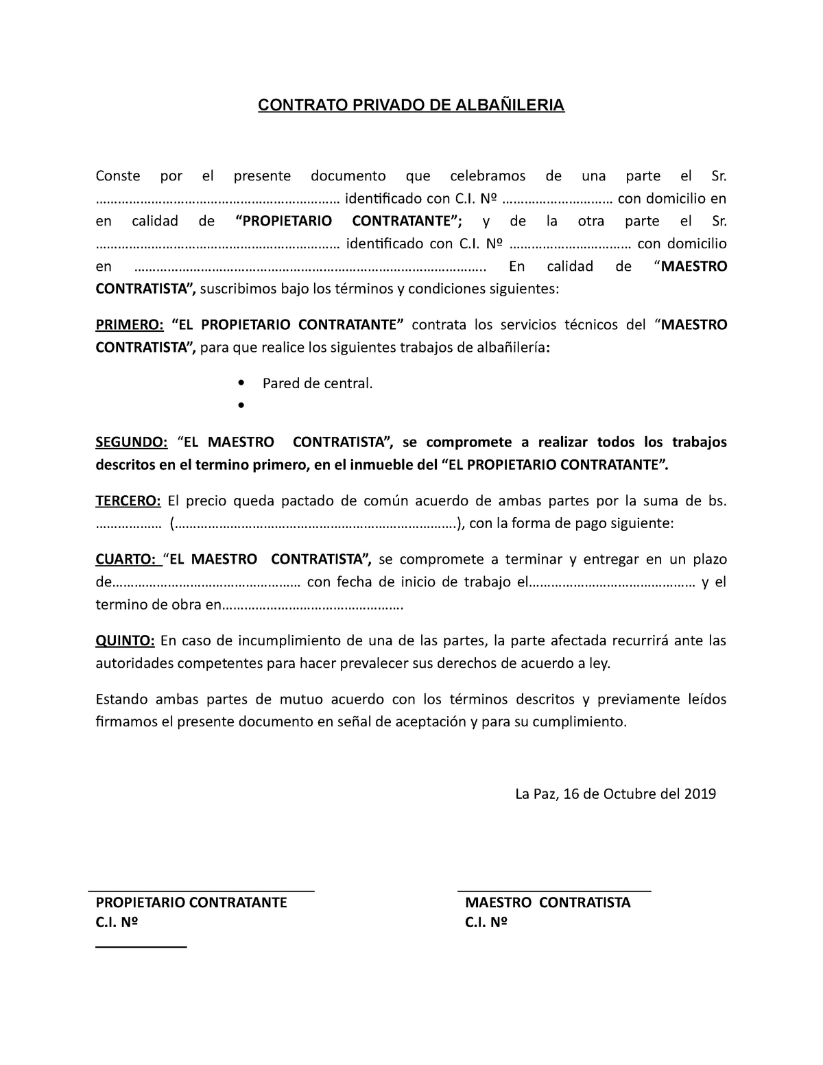 Contrato Privado DE Albañileria, para contrato de servicios - CONTRATO  PRIVADO DE ALBAÑILERIA Conste - Studocu