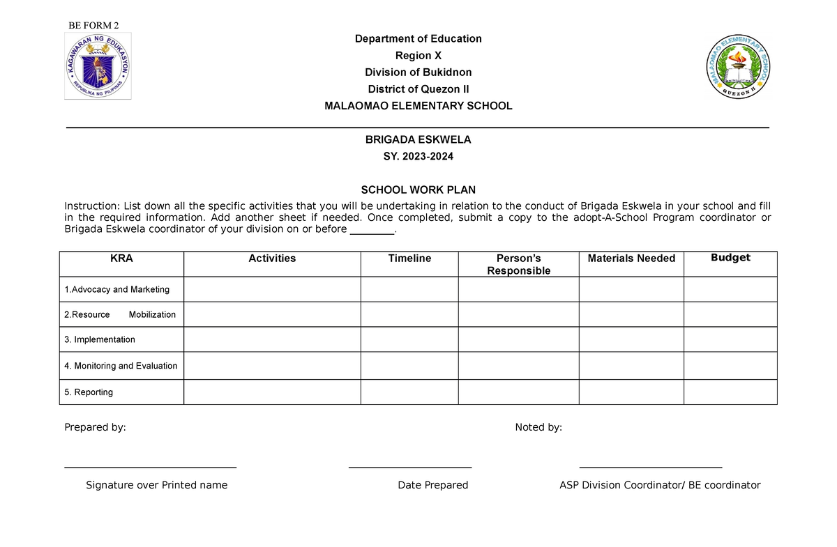 Brigada Eskwela FORM 2 School WORK PLAN - Department of Education ...