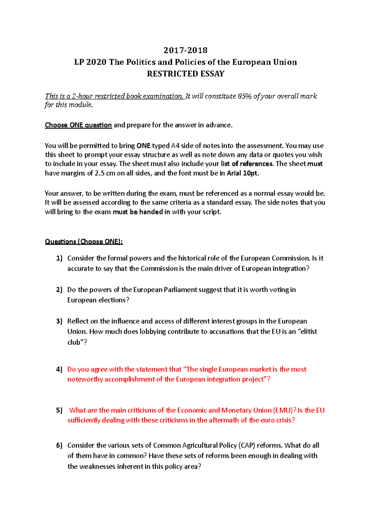 LP2020-Exam Questions THE EU - 2017- LP 2020 The Politics and Policies ...