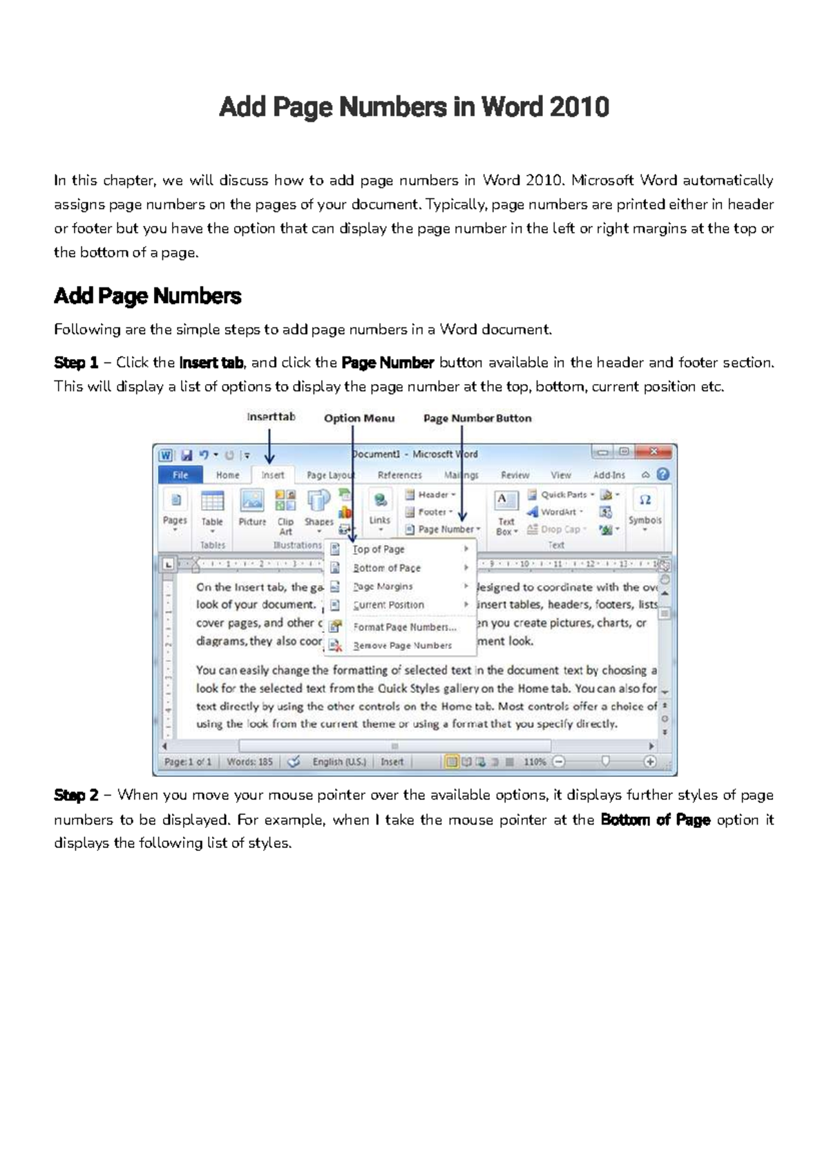 Formatting TextChapter 2 Add Page Numbers in Word 2010 In this
