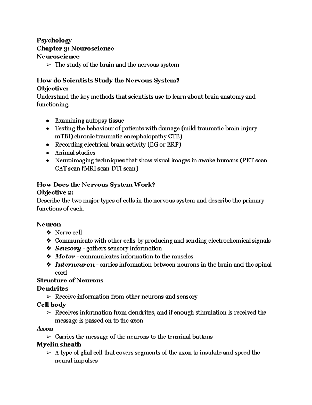 Psychology Chapter 3 Notes - Psychology Chapter 3: Neuroscience ...