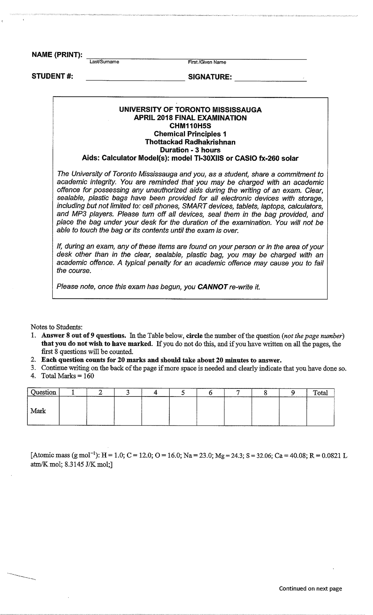 CHM110 past exam - NAME (PRINT): STUDENTS: Last/Sumame First/Given Name ...