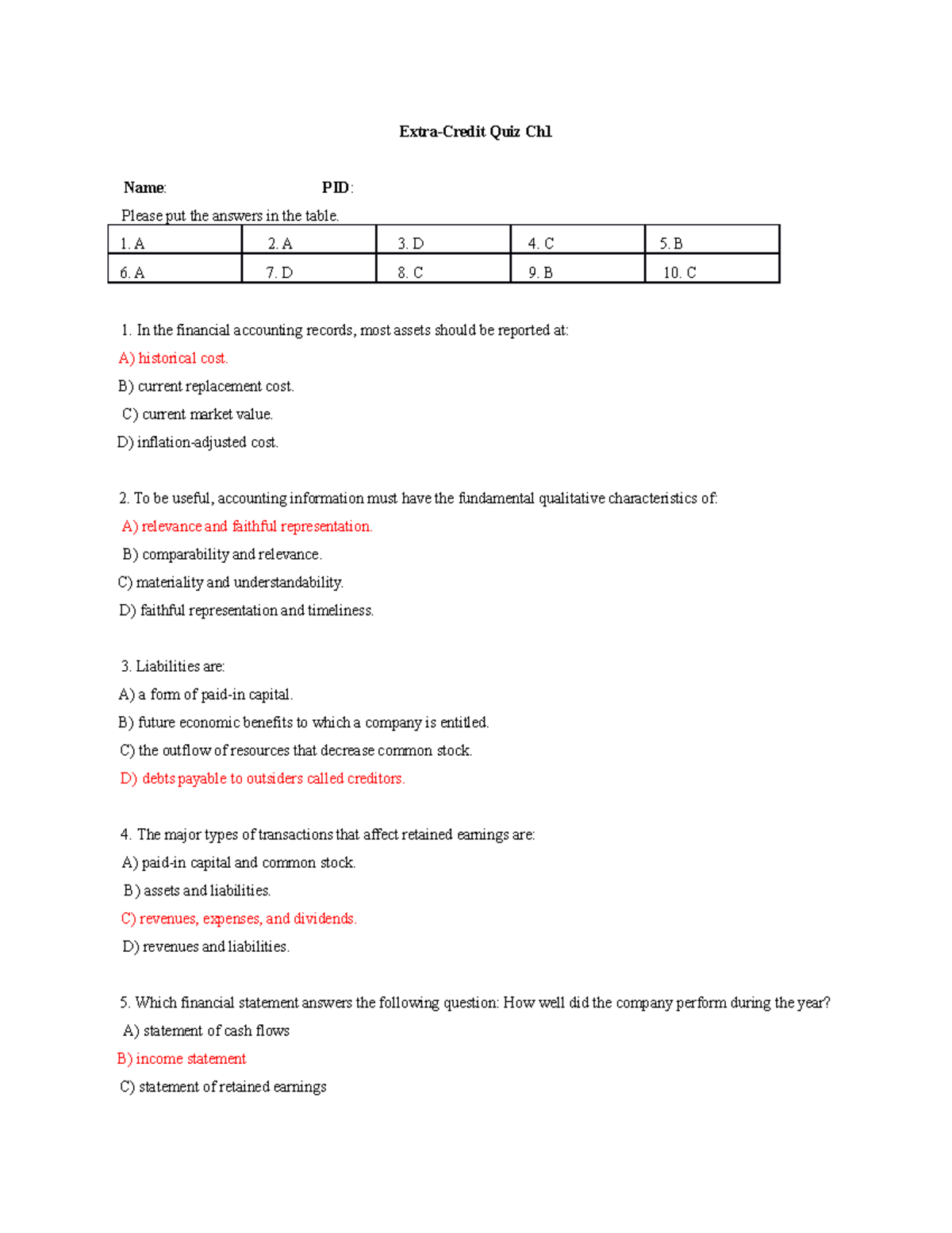 In Class Quiz Ch1 Ans Extra Credit Quiz Ch Name PID Please Put