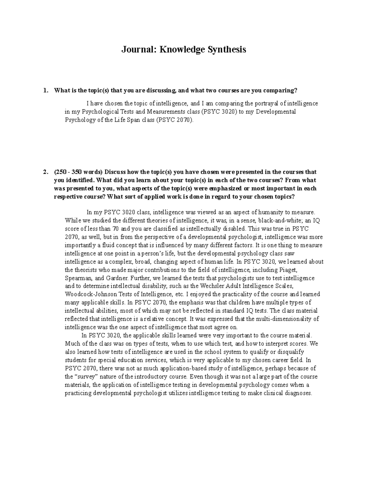 Synthesis Example - Journal: Knowledge Synthesis What is the topic(s ...