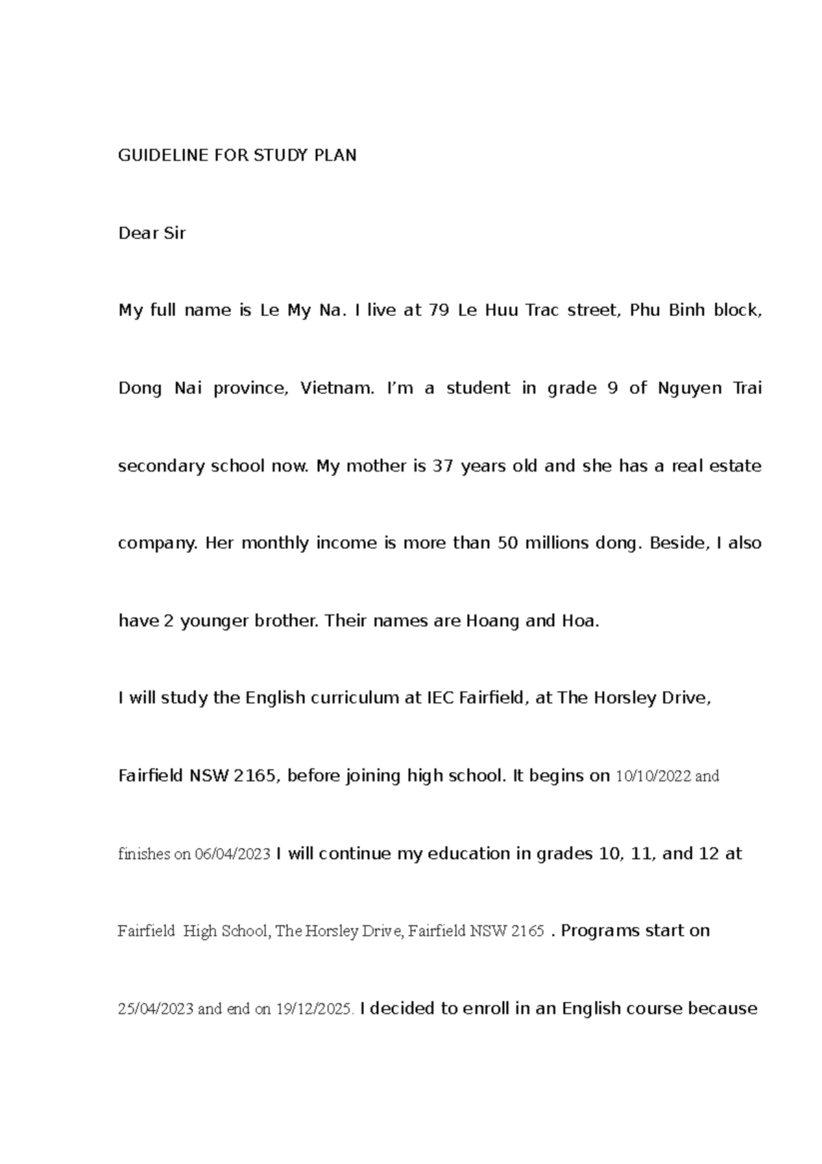 Guideline FOR Study PLAN - GUIDELINE FOR STUDY PLAN Dear Sir My full ...