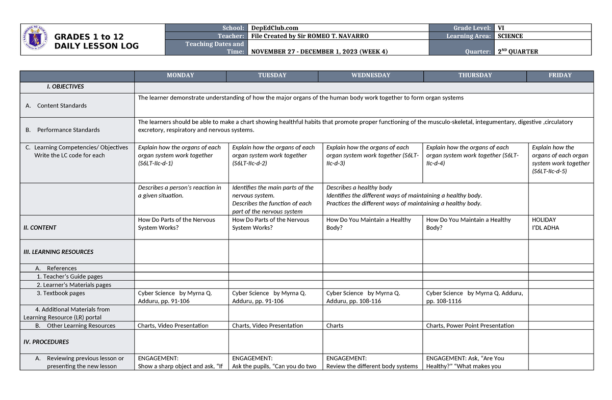 DLL Science 6 Q2 W4 - GRADES 1 To 12 DAILY LESSON LOG School: DepEdClub ...