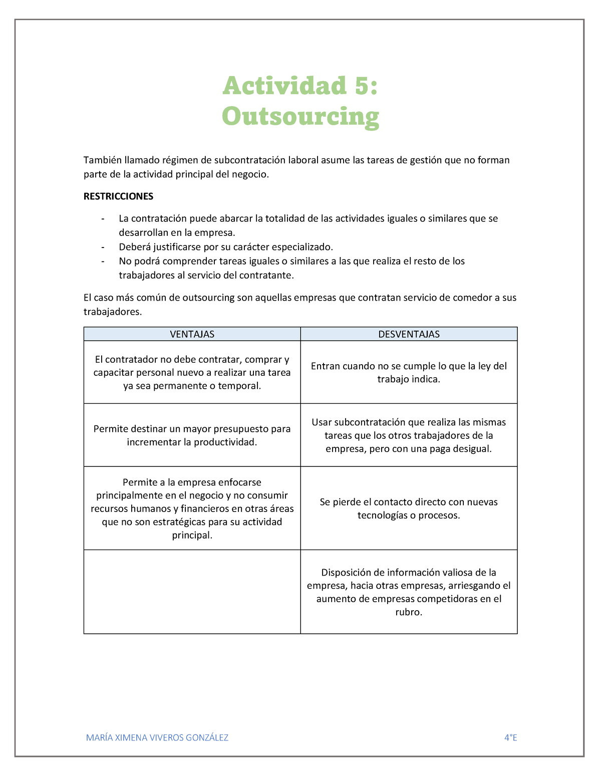 Outsourcing Ventajas Y Desventajas Mar A Ximena Viveros Gonz Lez E