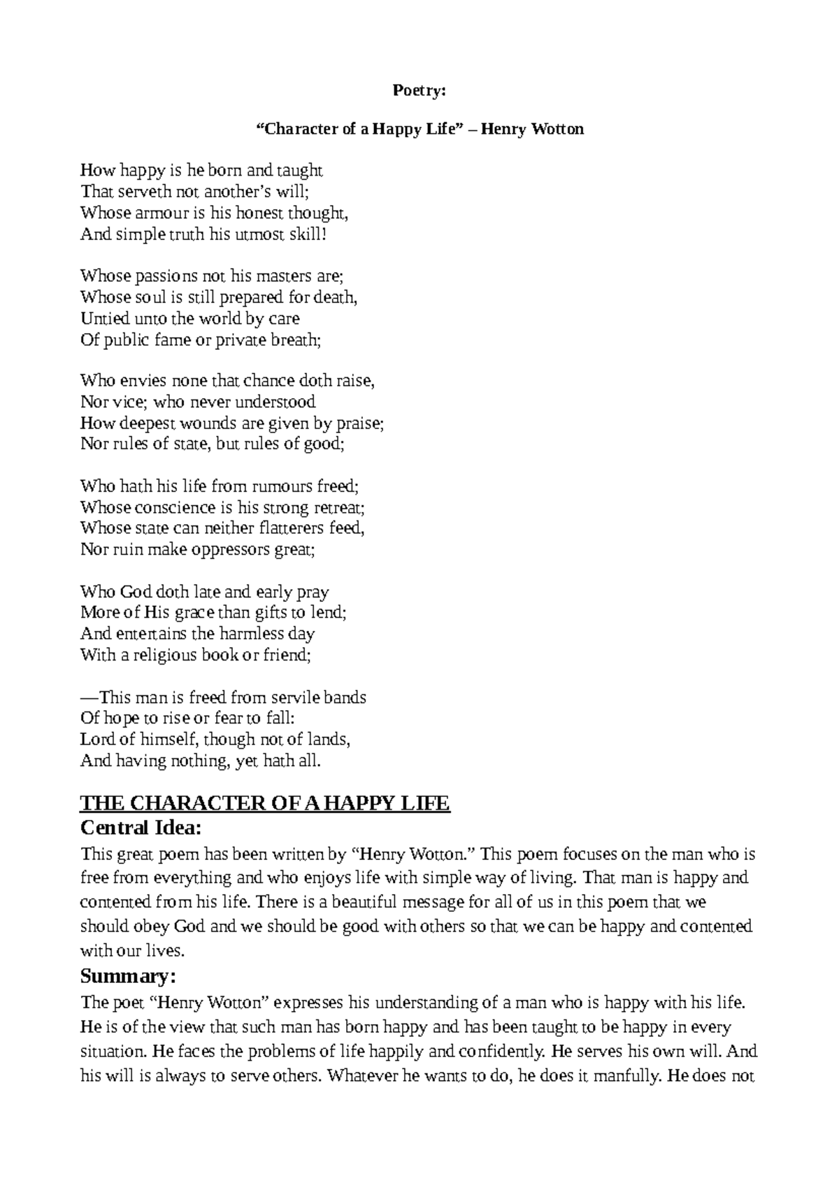 English- IV - Poetry: “Character of a Happy Life” – Henry Wotton How ...