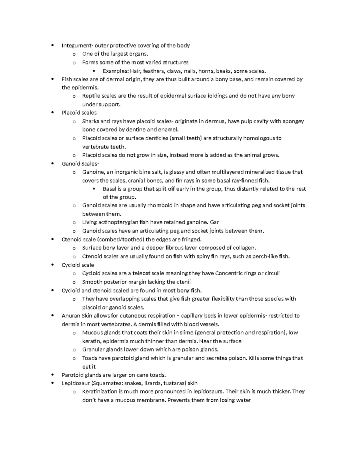 Quiz 2 study lecture notes Integument outer protective covering of