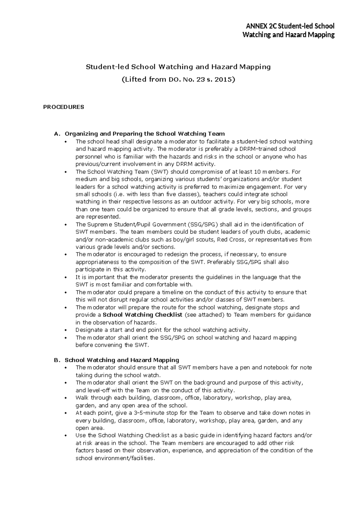 Sip annex 2c student-led school watching and hazard mapping - ANNEX 2C ...