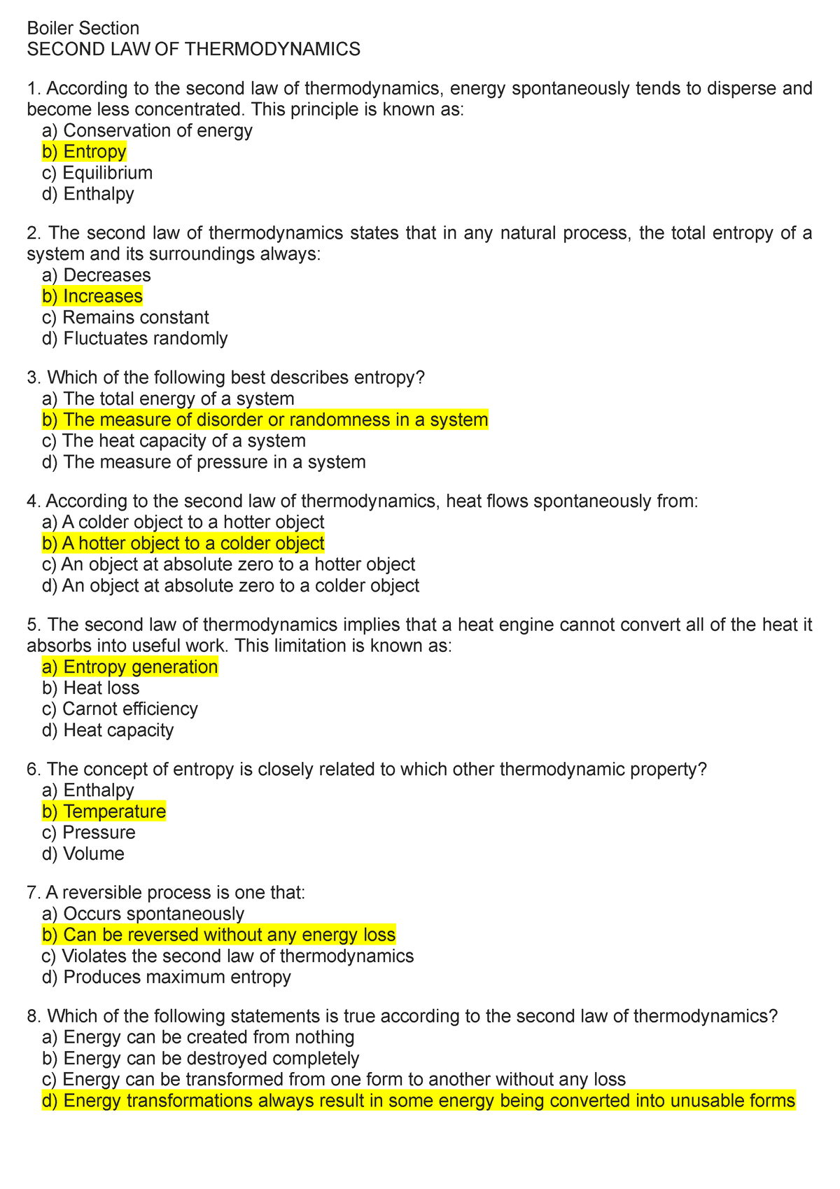 Final Exam Questions For Thermodynamics - Boiler Section SECOND LAW OF ...