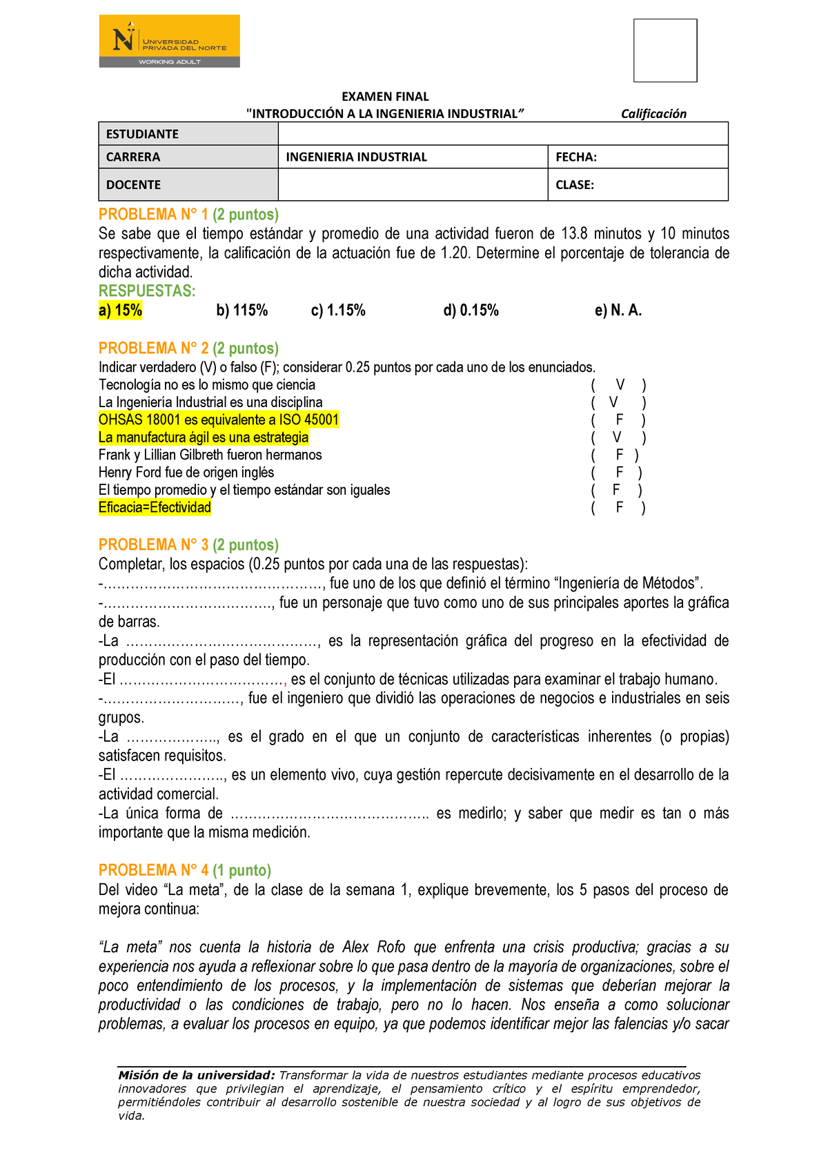 Introducción A LA ING. Industrial UPN - Examen Final - - Studocu