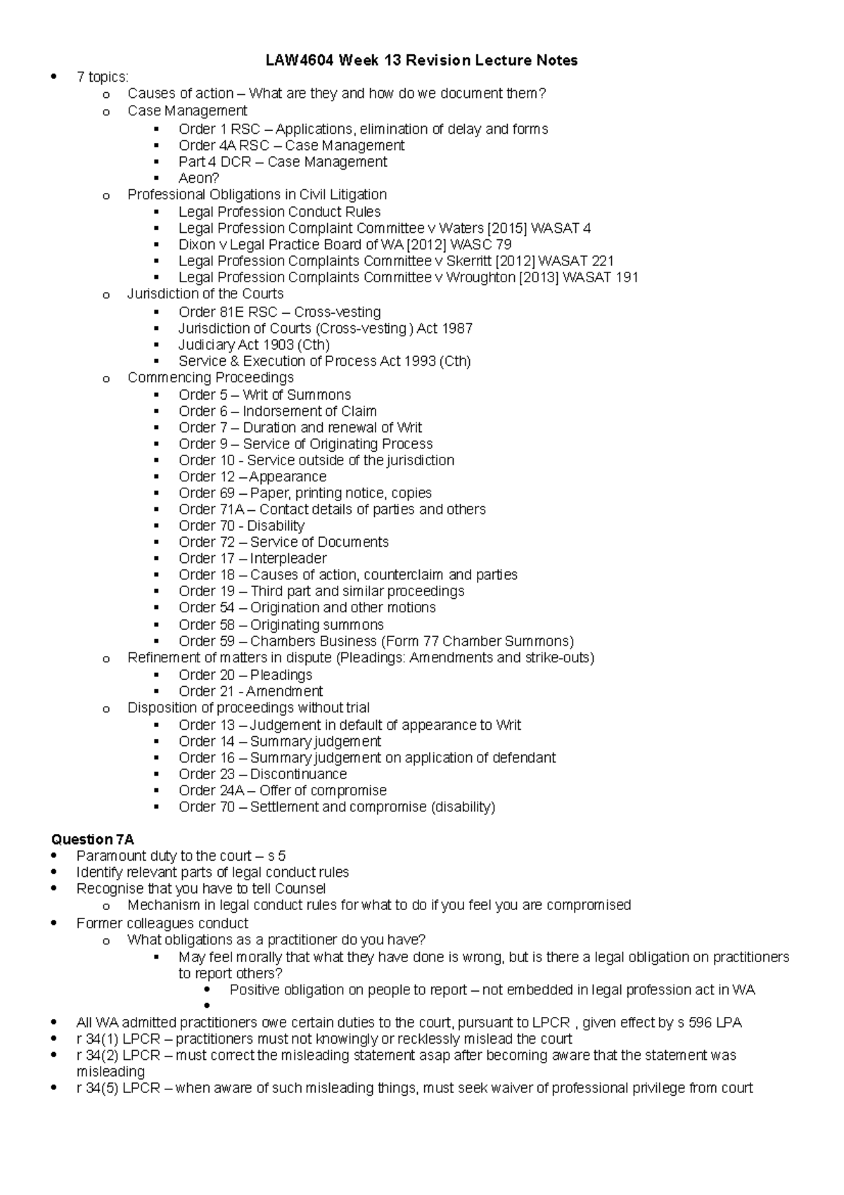 LAW4604 Week 13 Revision Lecture Notes - Studocu