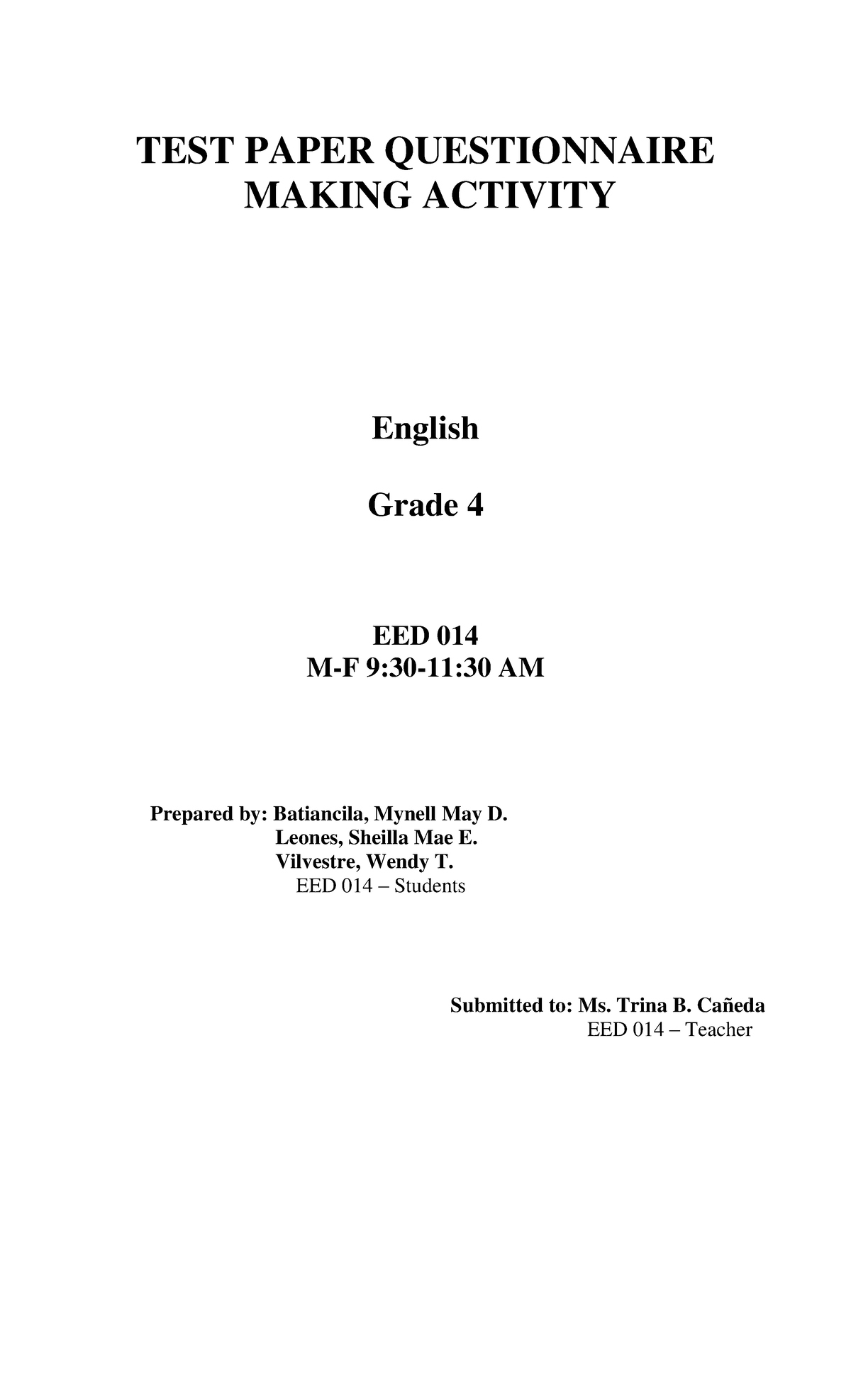 Major - A helpful material. - TEST PAPER QUESTIONNAIRE MAKING ACTIVITY ...