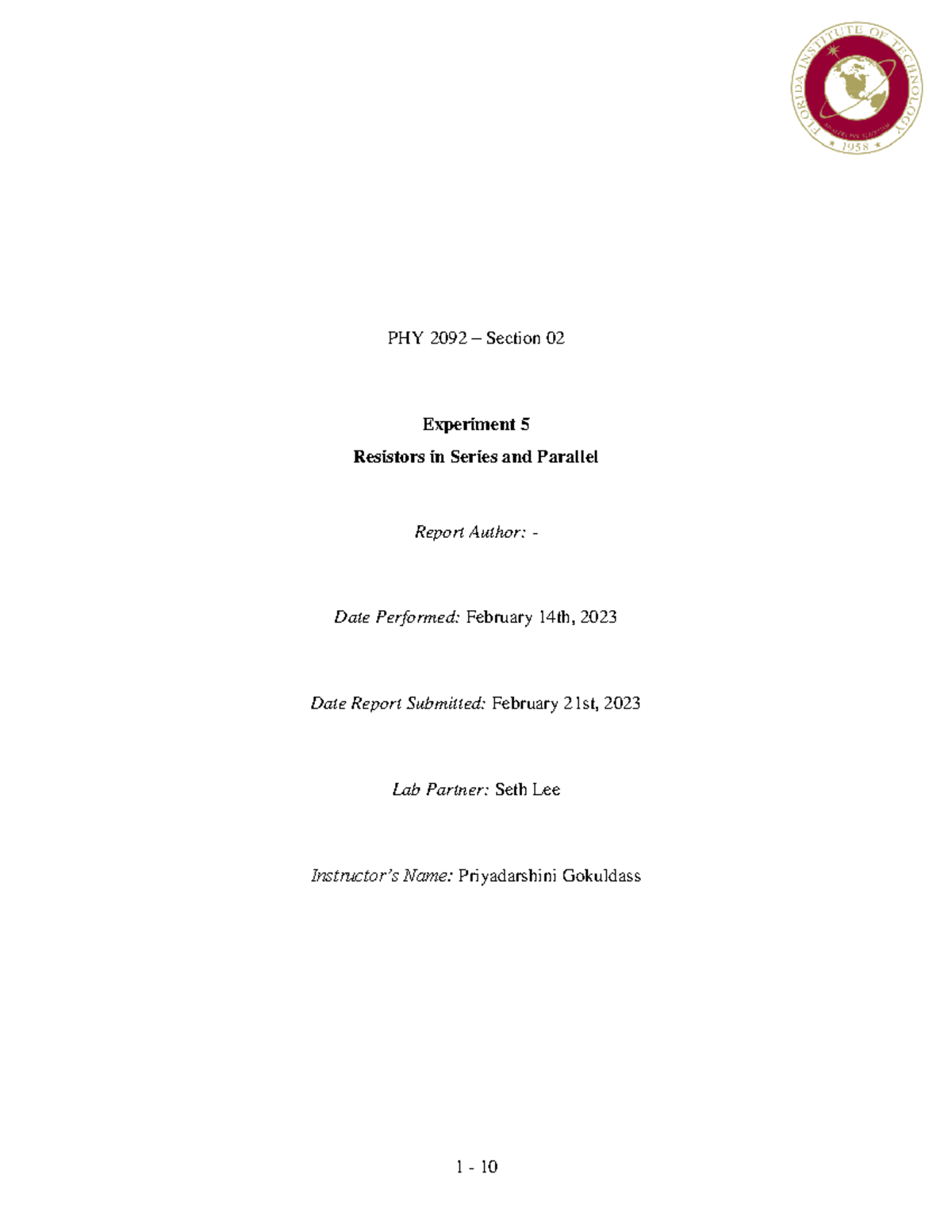 Lab 05 Resistors in Series and Parallel Lab Report PHY 2092