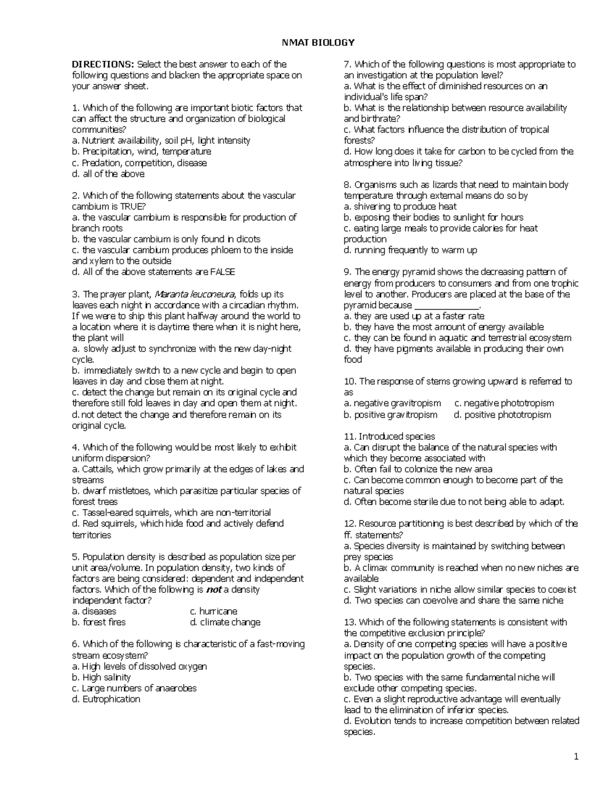 NMAT Biology Intensive EXAM - NMAT BIOLOGY DIRECTIONS: Select the best ...