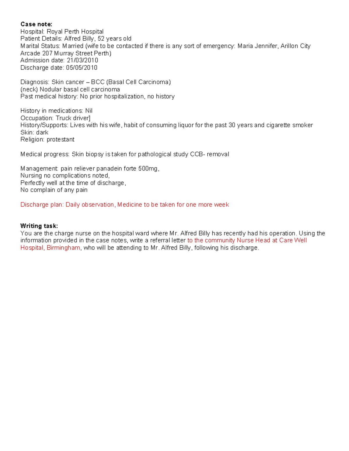 Referral letter - Case note example - Case note: Hospital: Royal Perth ...