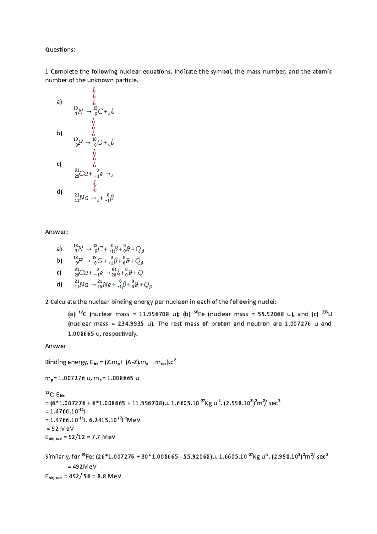 Extra exercises - Questions: 1 Complete the following nuclear equations ...