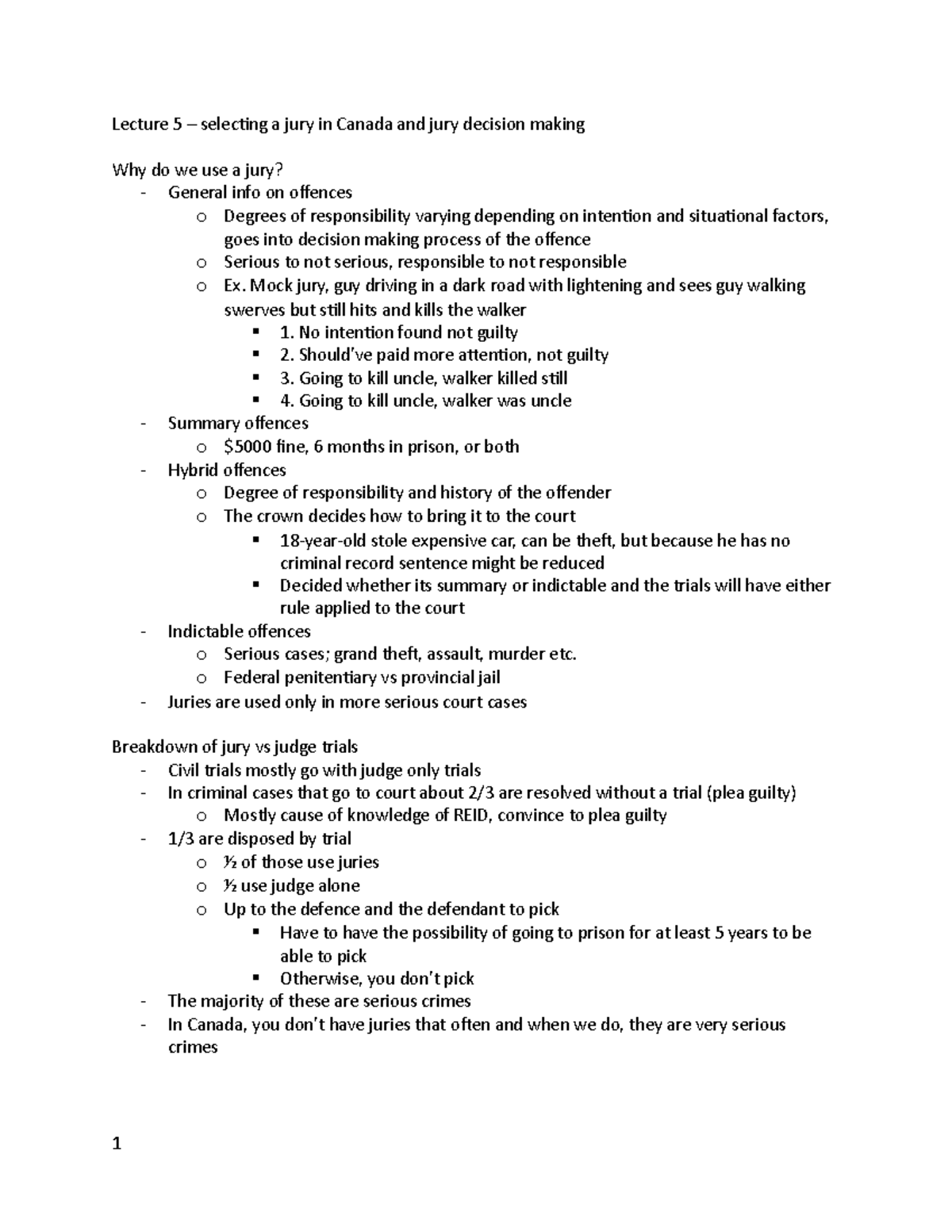 Exam Notes Lecture 5 Selecting A Jury In Canada And Jury Decision