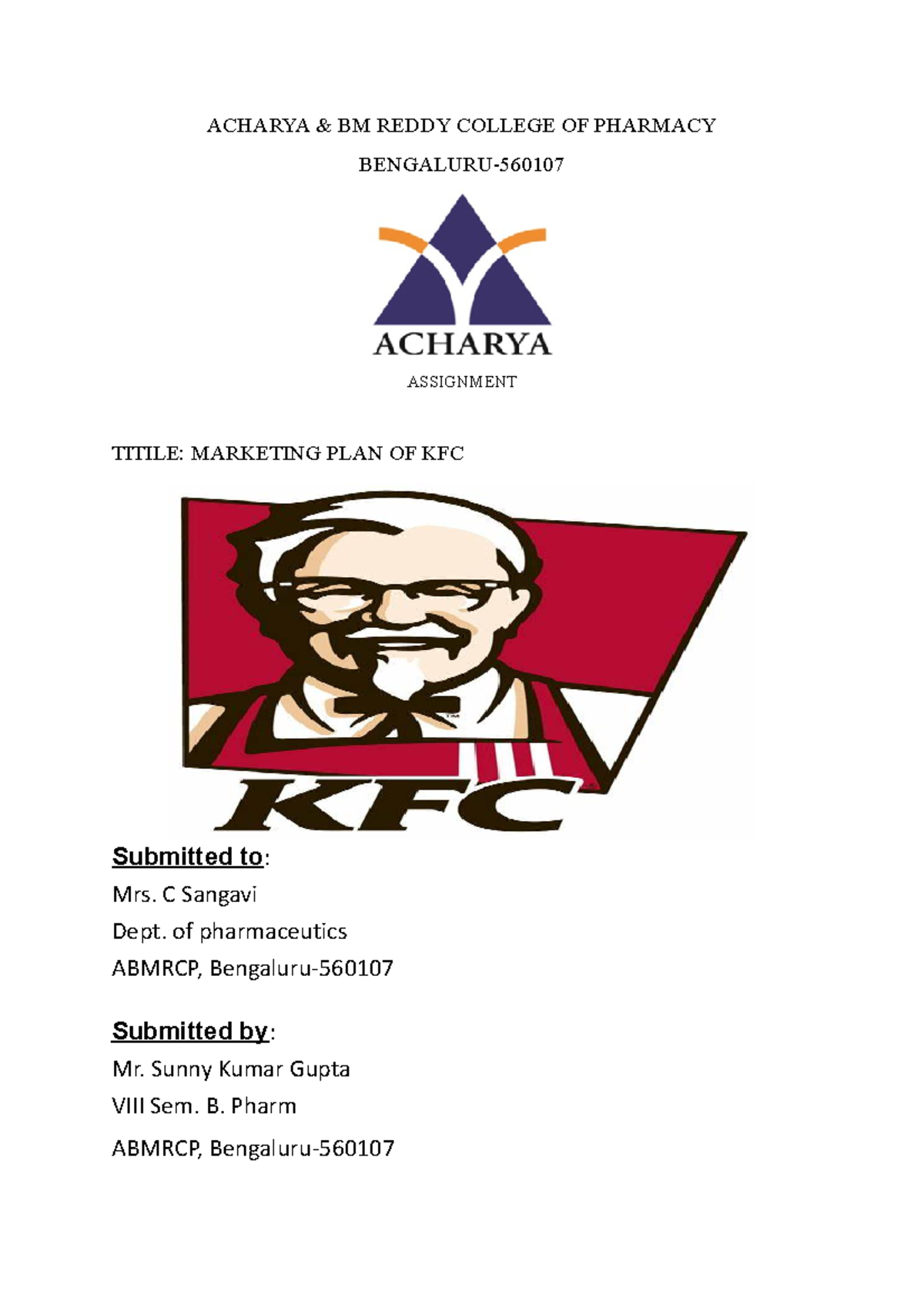 Acharya lord - Marketing plan for KFC - ACHARYA & BM REDDY COLLEGE OF ...