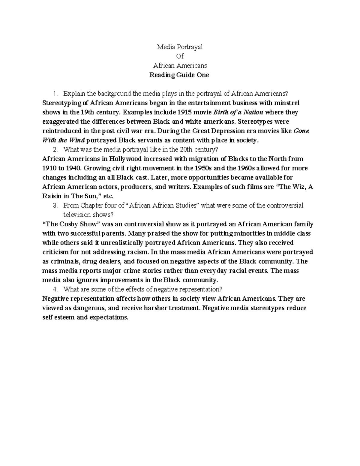 Media Portrayal Reading Guide One - Media Portrayal Of African ...