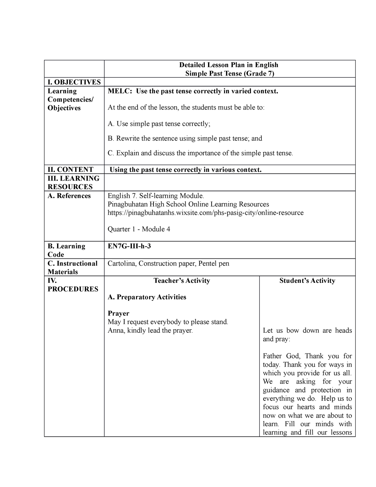 Detailed Lesson Plan For Simple Past Tense Simple Past Tense Lesson 