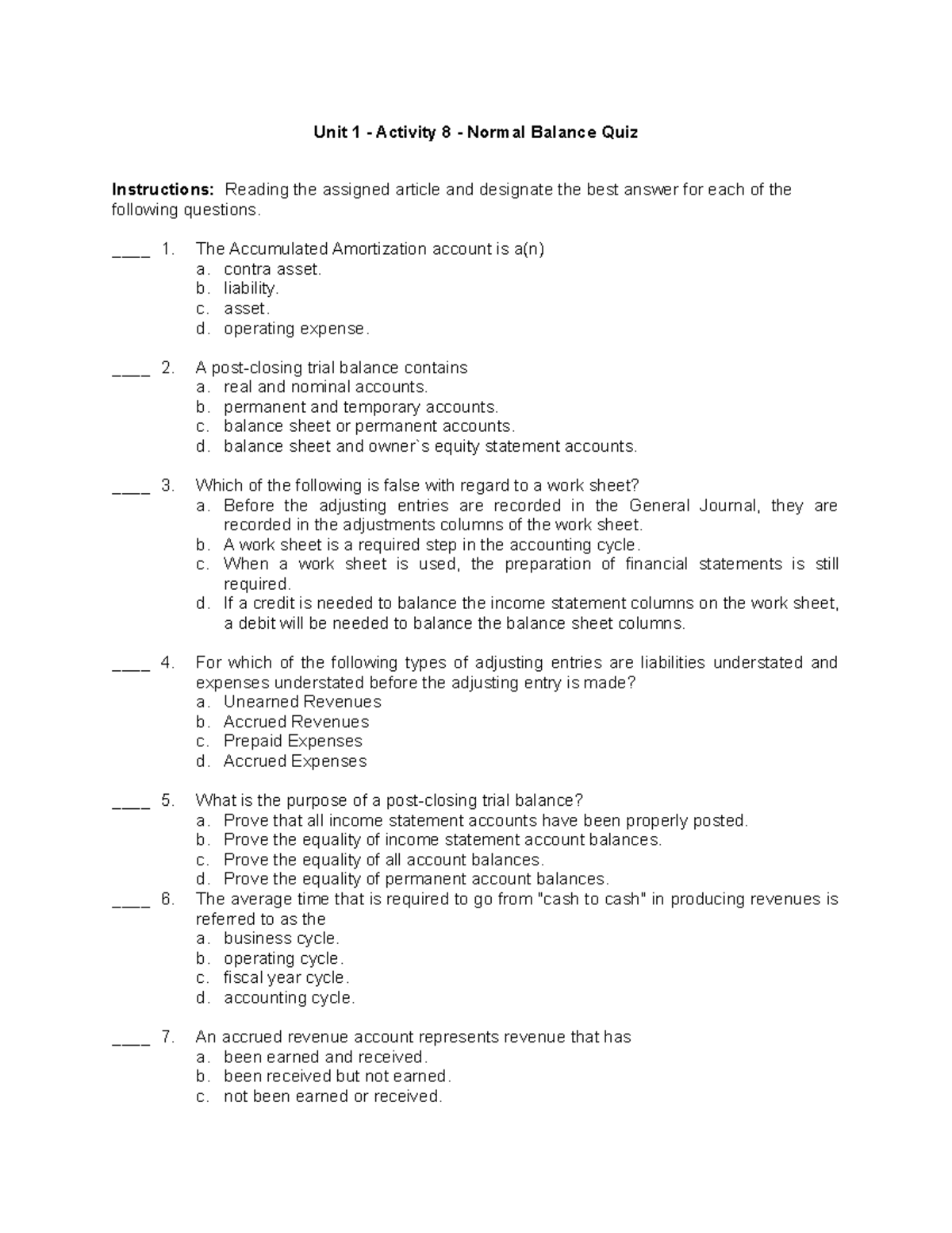 Unit 1 Activity 8 Normal Balance Quiz Unit 1 Activity 8