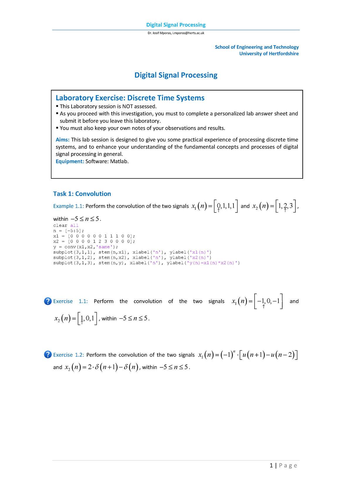 02 DSP Lab 02 - 02 DSP Lab 02 - Digital Signal Processing Dr. Iosif ...