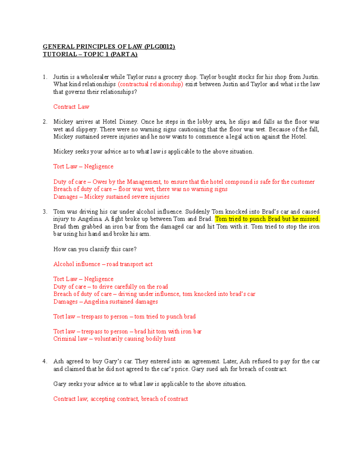 339732 TUT 1 - Topic 1 (Part A) - GENERAL PRINCIPLES OF LAW (PLG0012 ...