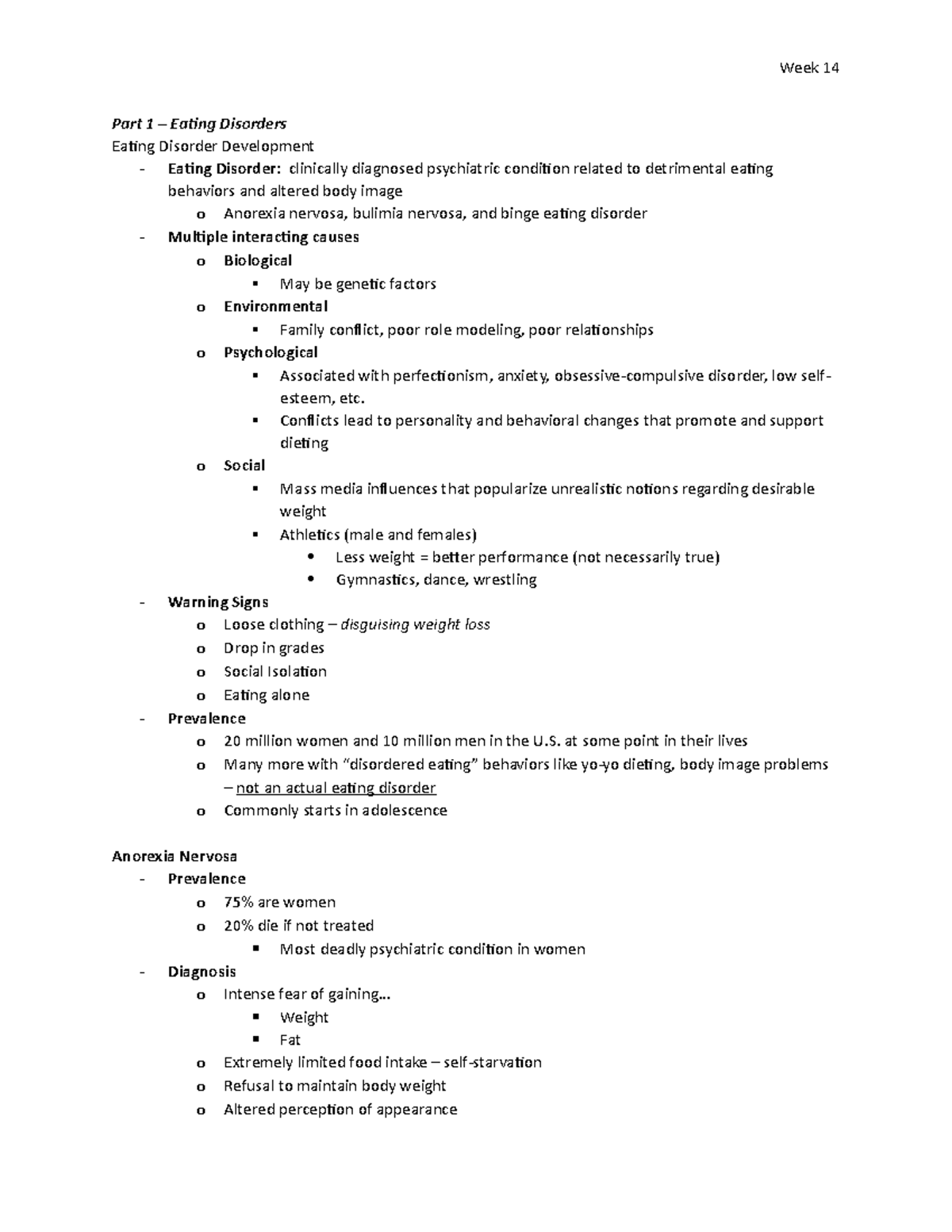 Week 14 - nutrition notes - Part 1 – Eating Disorders Eating Disorder ...