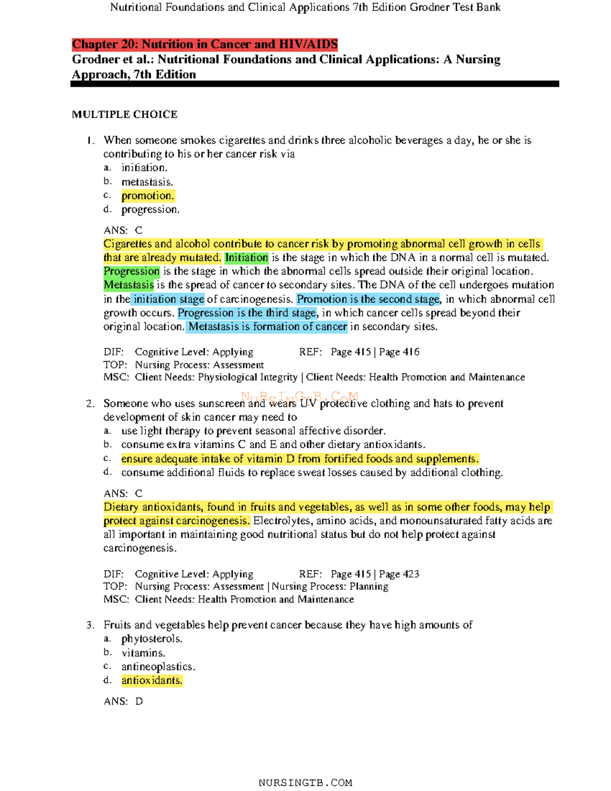 Nutrition Chapter 20 Test Bank - NURSINGTB Chapter 20: Nutrition In ...