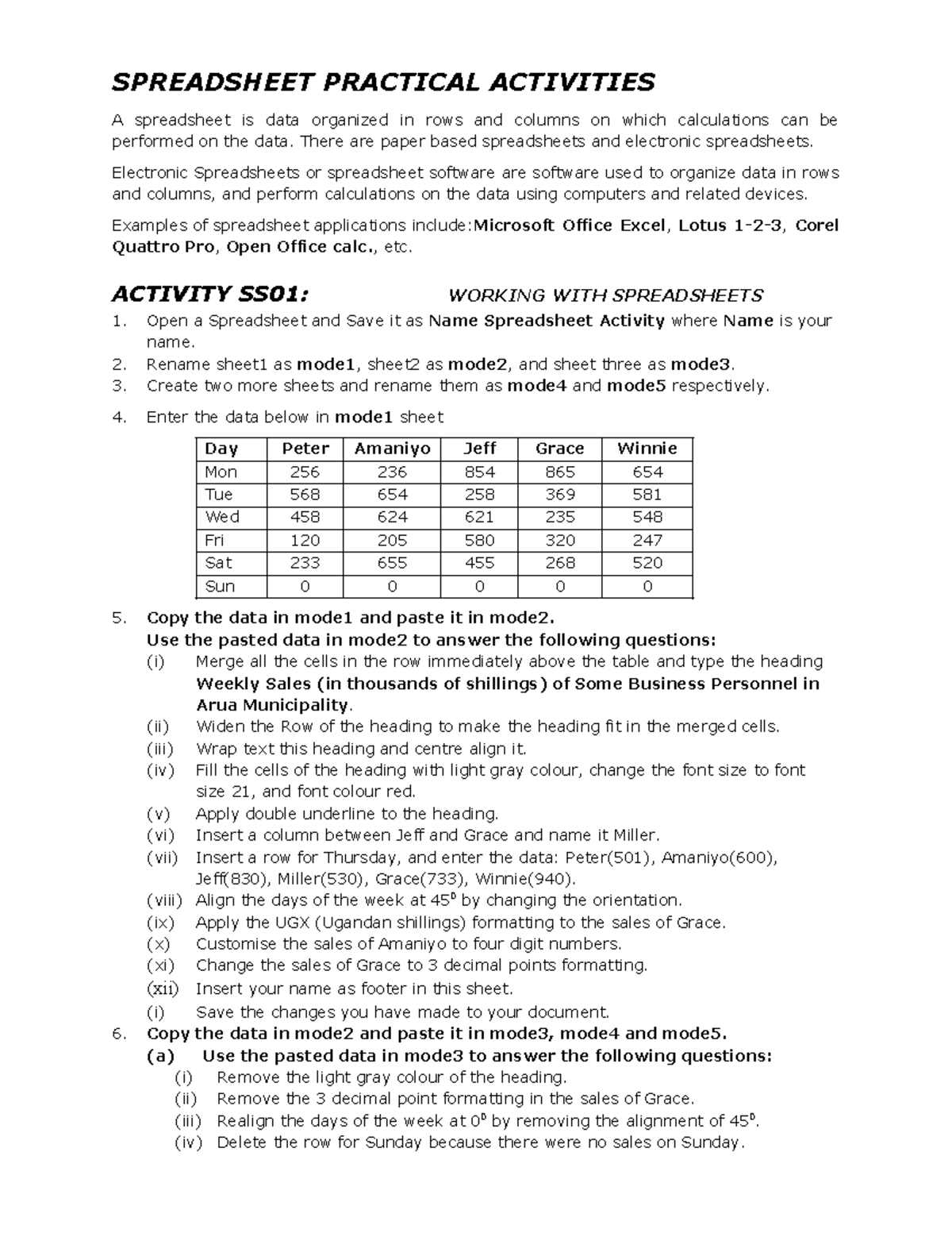 6 Spreadsheet Practical Activities - SPREADSHEET PRACTICAL ACTIVITIES A ...