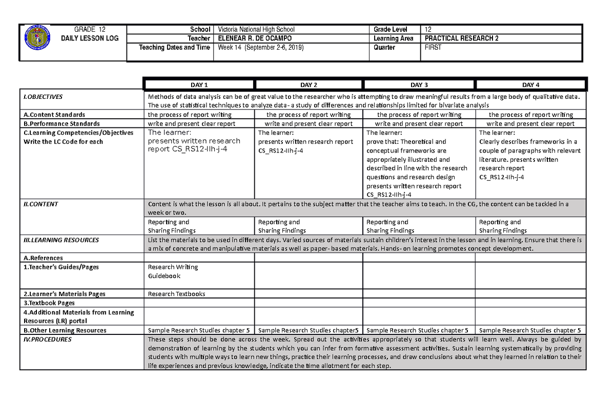 Week 14 sept 2-6 docx - GRADE 12 DAILY LESSON LOG School Victoria ...