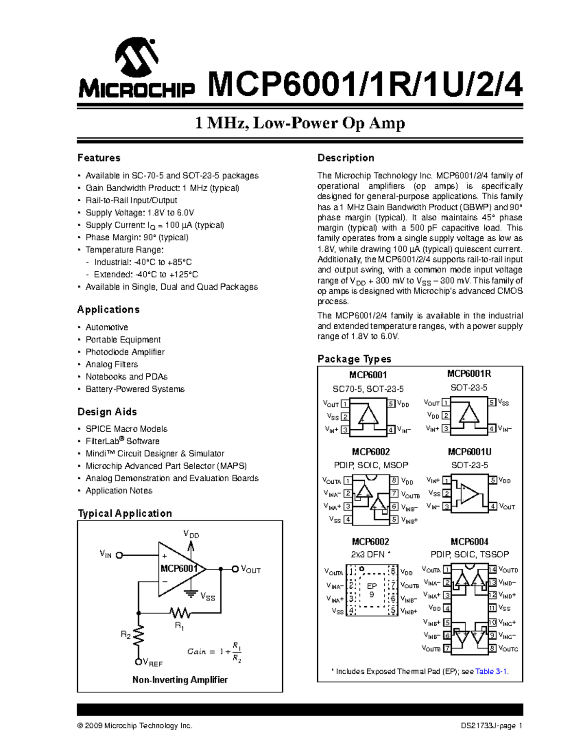 MCP6002 datasheet - © 2009 Microchip Technology Inc. DS21733J-page 1 ...