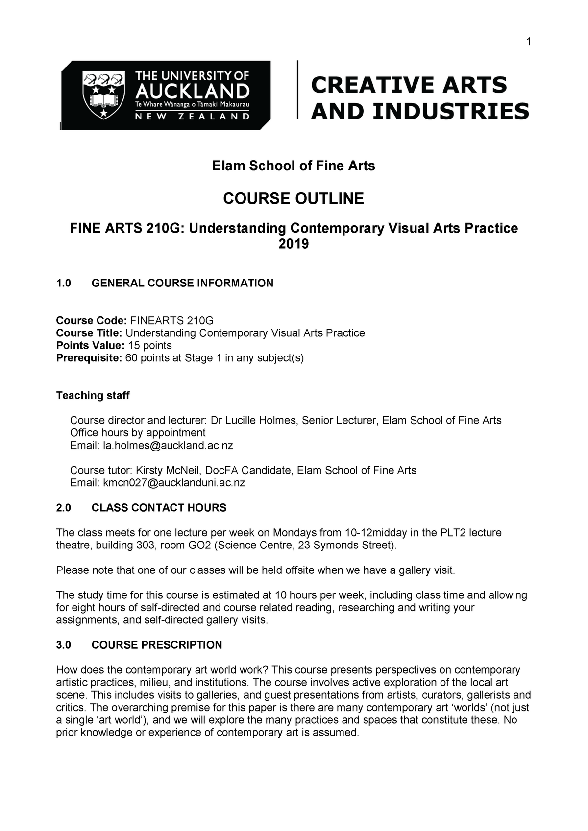 Course Outline Summary Understanding Contemporary Visual Arts Practice 1 l Elam School of