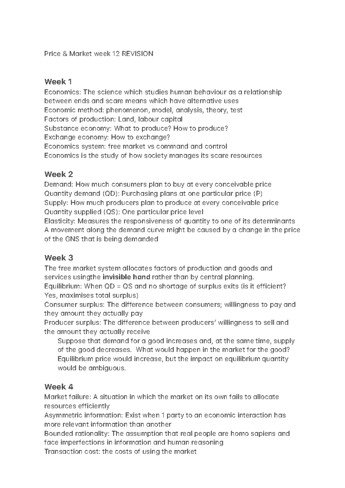 Price & Market week 12 Revision - Price & M)rket week 12 REVISION Week ...