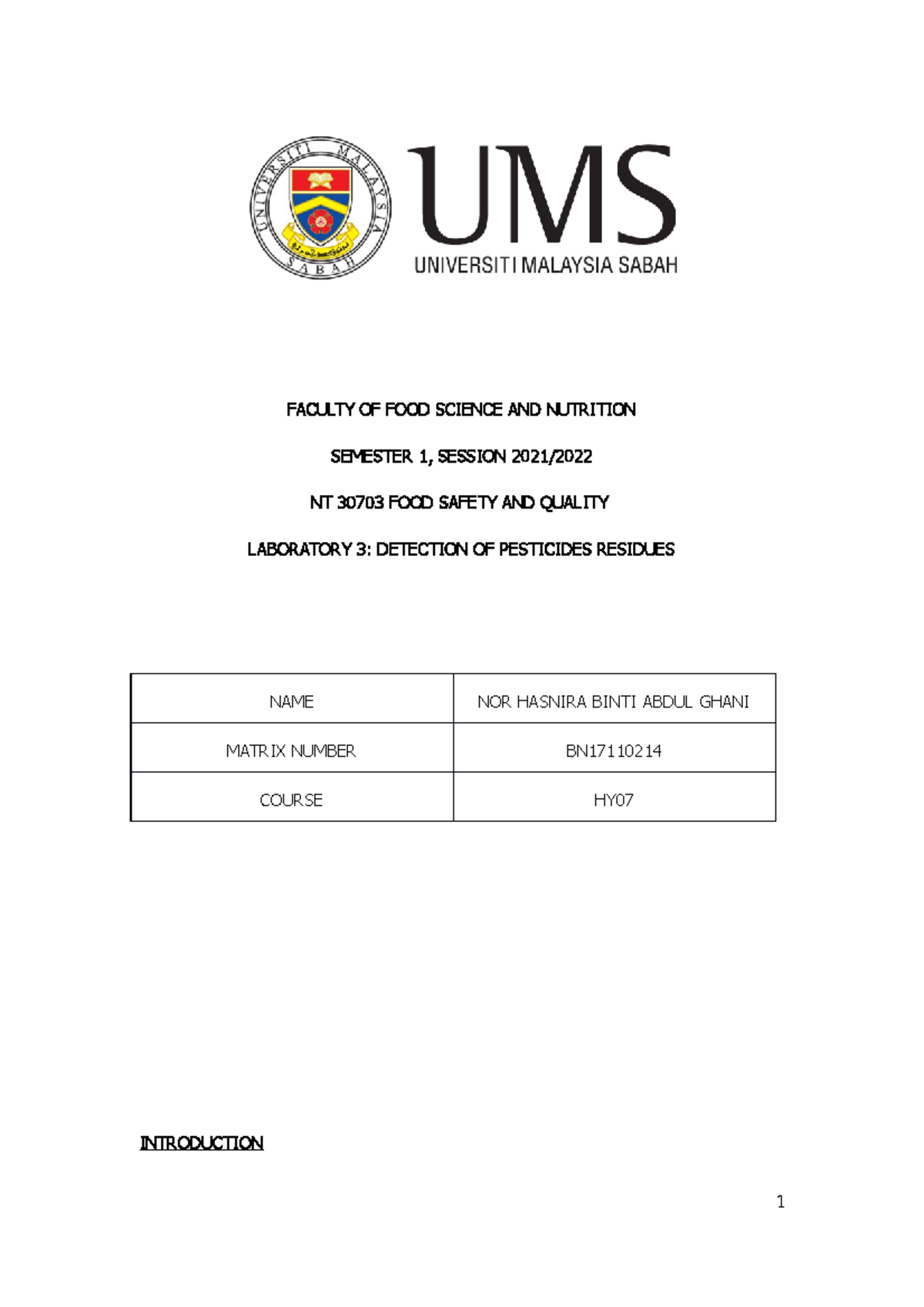 gas chromatography lab report FACULTY OF FOOD SCIENCE AND NUTRITION