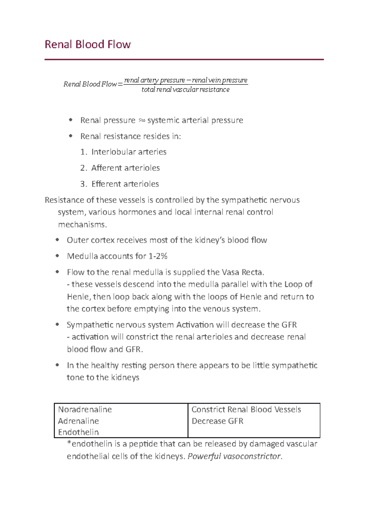 Renal Blood Flow Renal Blood Flow RenalBloodFlow=renalartery Studocu
