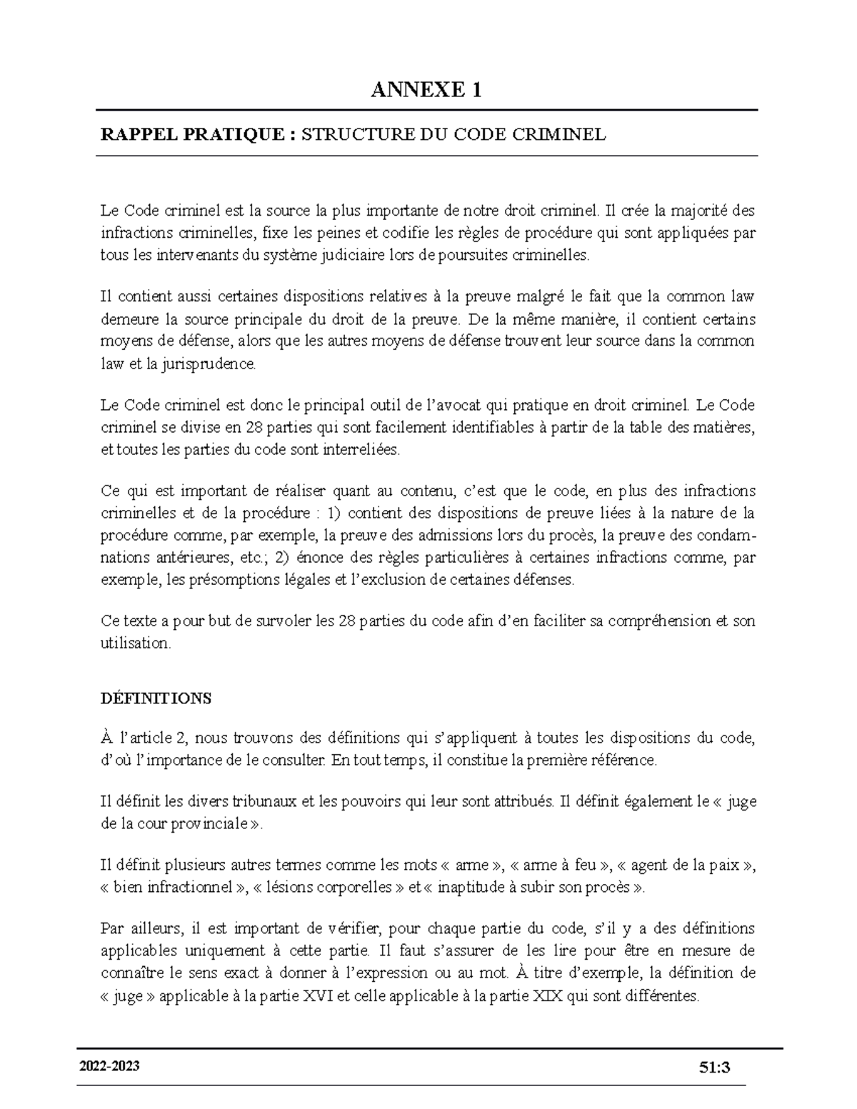 Annexe 1 - Rappel pratique - Strcuture Code criminel - ANNEXE 1 RAPPEL ...