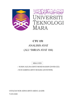 Analisis AYAT ALI Imran AYAT 104 - CTU 151 ANALISIS AYAT (ALI 