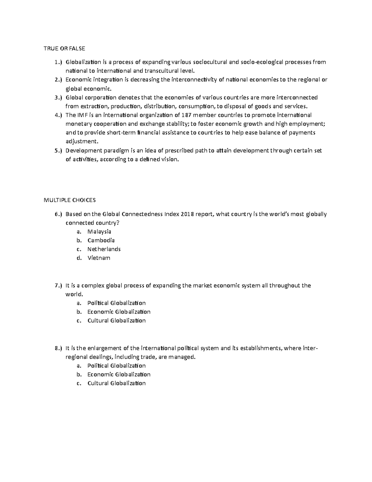 Contemporary World - Sample Exercise/Assessment - TRUE OR FALSE 1 ...