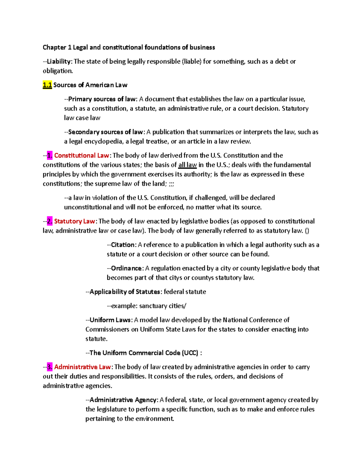 Chapter 1 Legal And Constitutional Foundations Of Business - 1 Sources ...