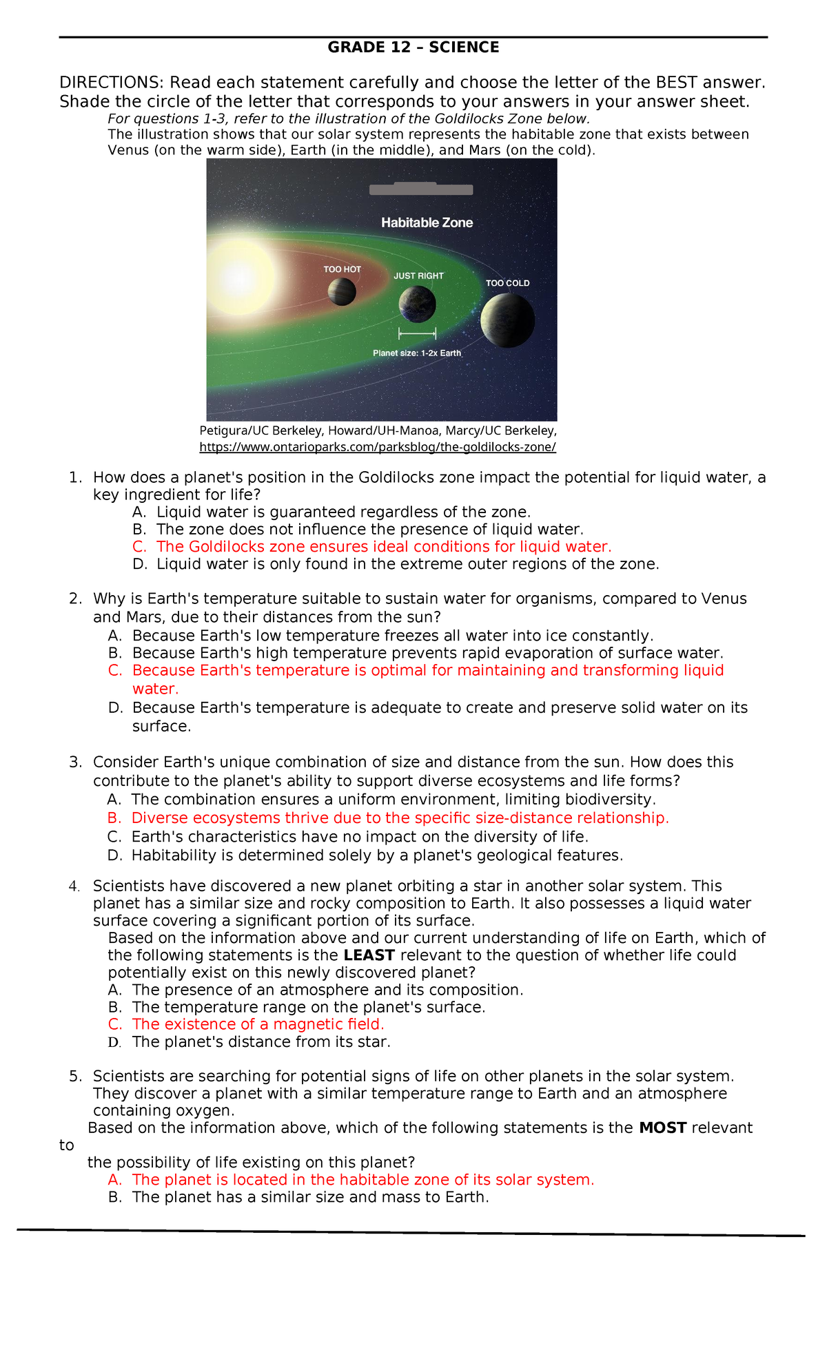 G12 - Science Answer Key - GRADE 12 – SCIENCE DIRECTIONS: Read each ...