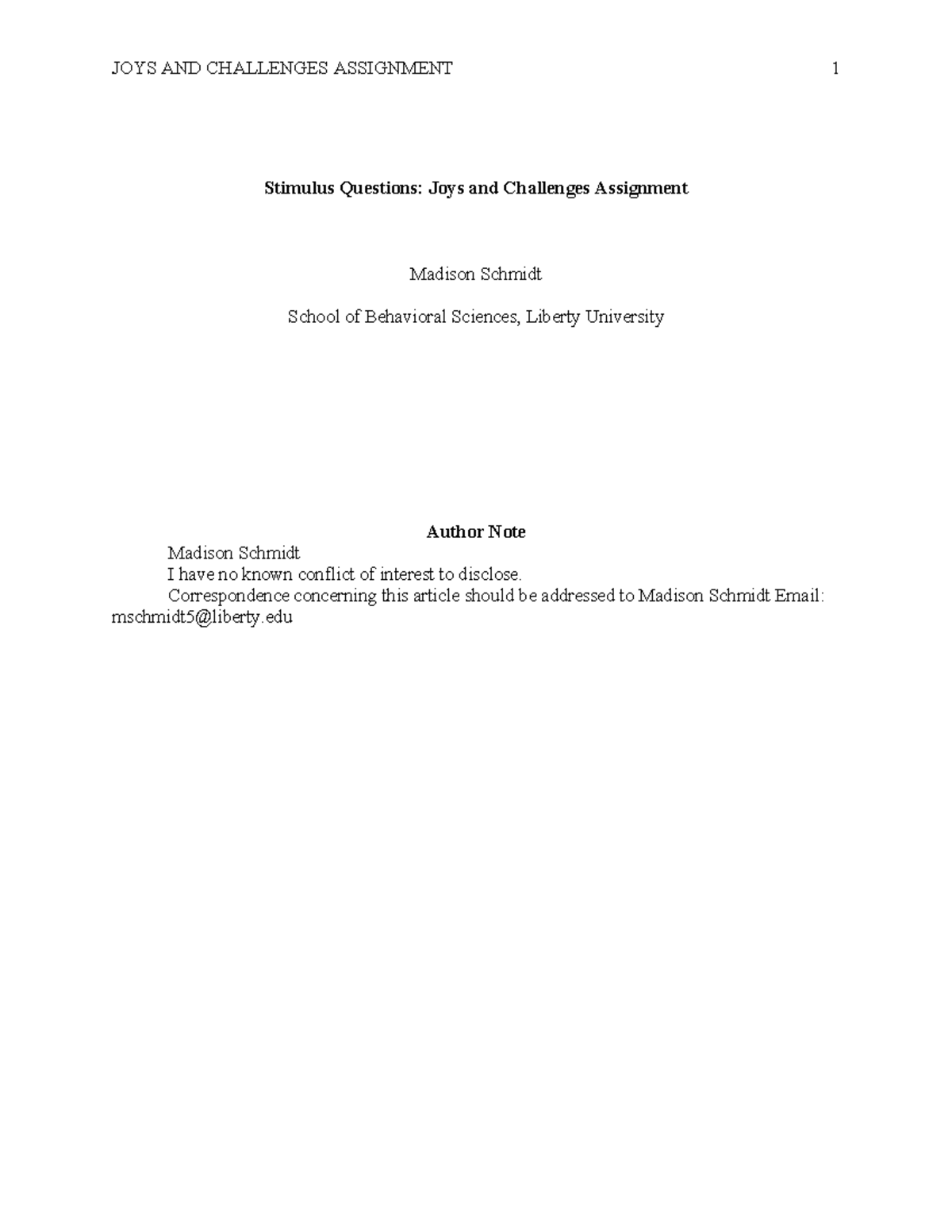 COUC 515 Stimulus Questions - Stimulus Questions: Joys and Challenges ...