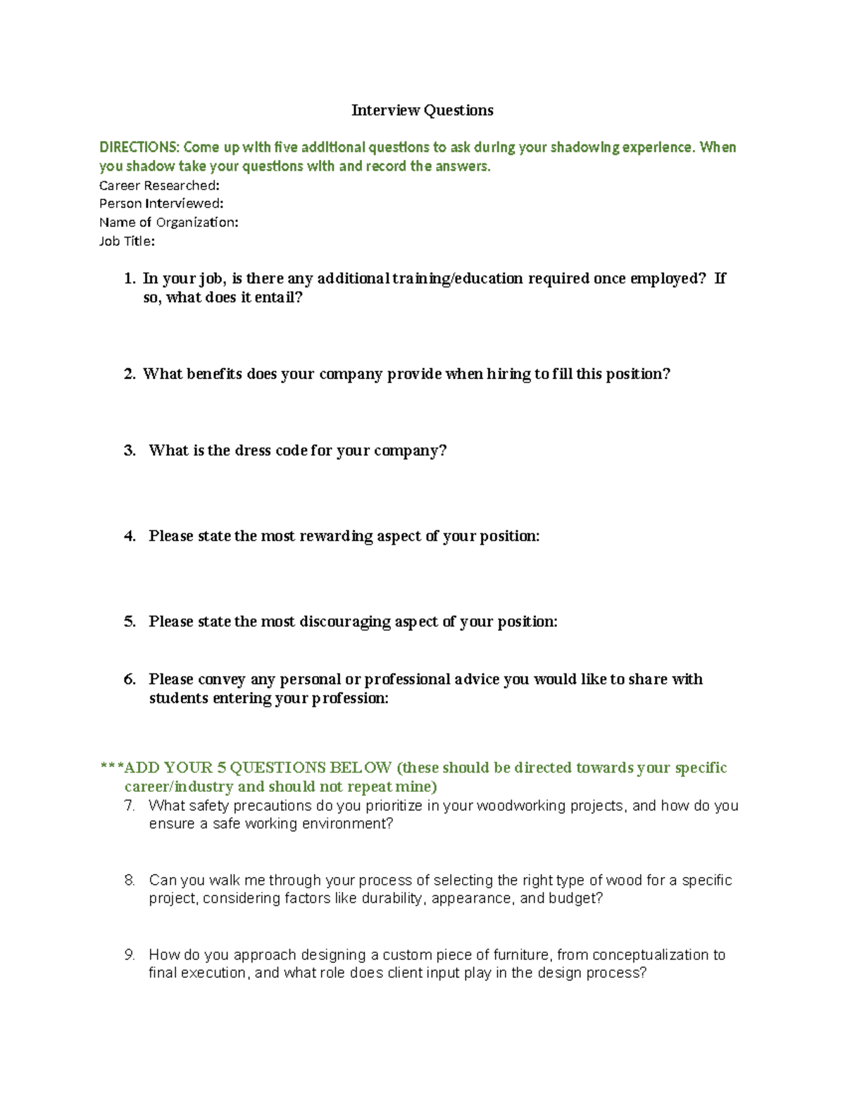 Interview Questions - Interview Questions DIRECTIONS: Come up with five ...