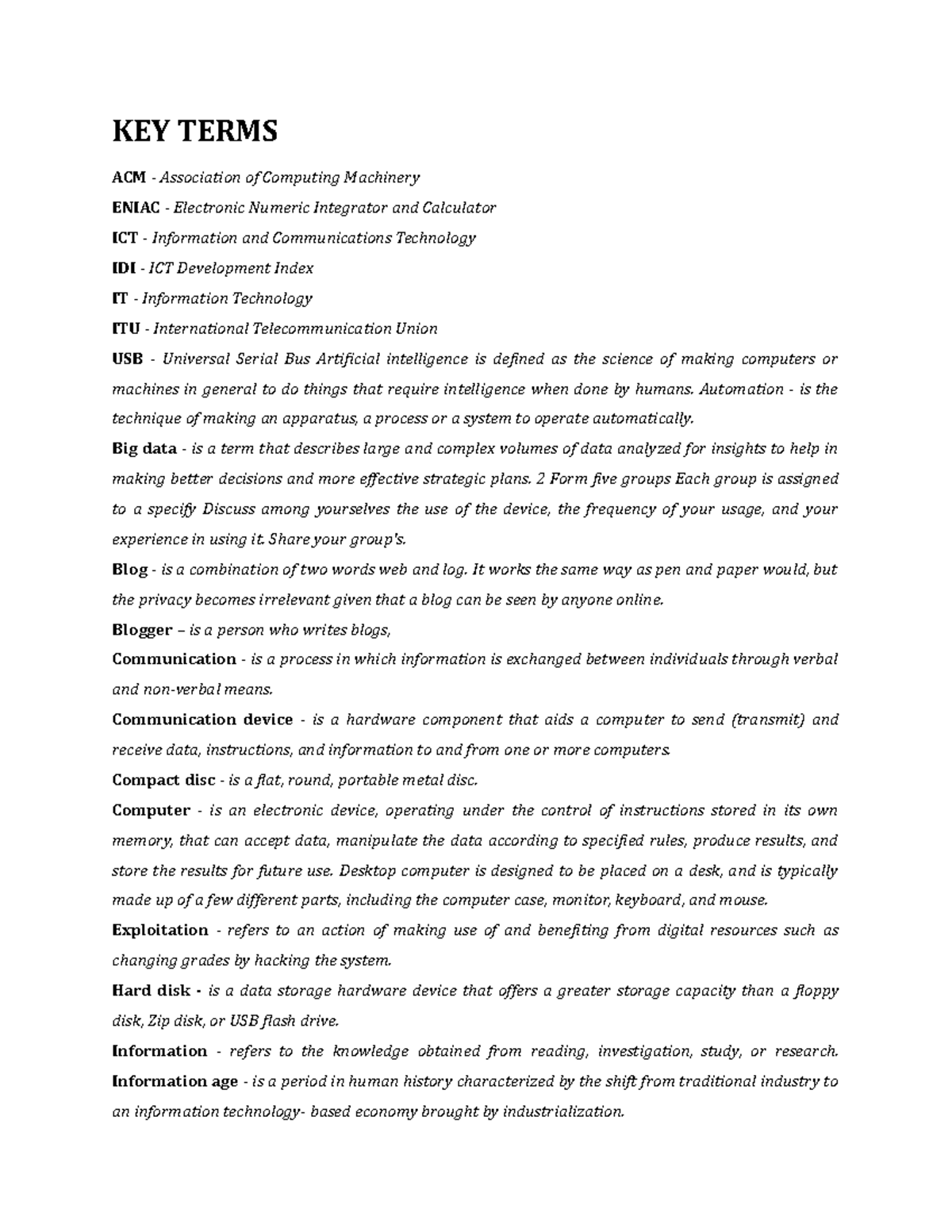 GEE 102 KEY Terms - Module - KEY TERMS ACM - Association Of Computing ...