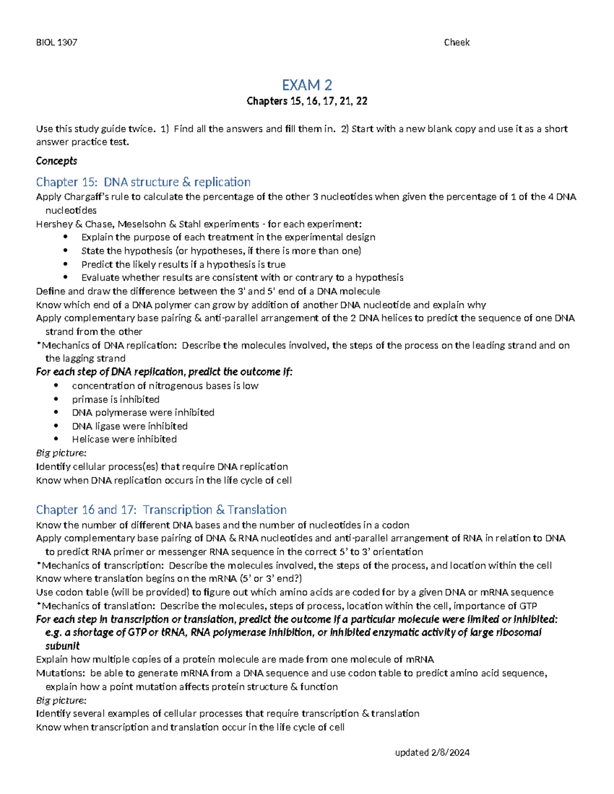 Exam 2 Study Guide - BIOL 1307 Cheek EXAM 2 Chapters 15, 16, 17, 21, 22 ...
