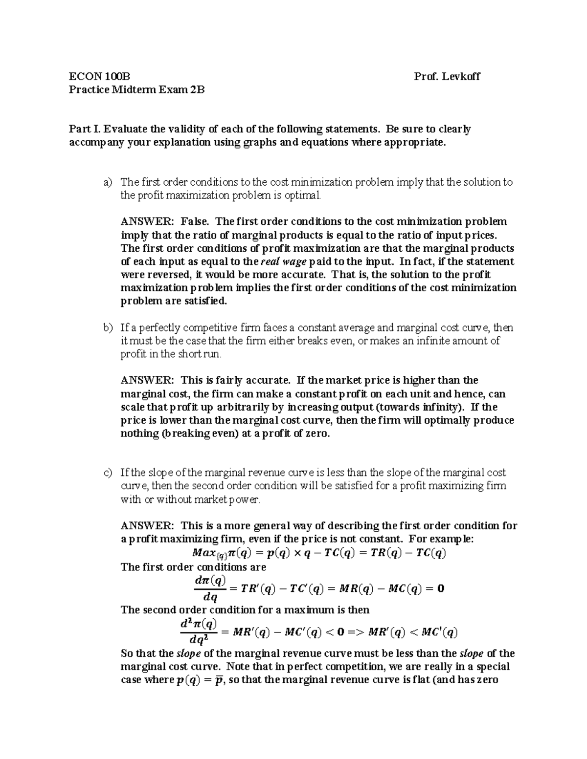 Practice Midterm Exam 2B Solutions - ECON 100B Prof. Levkoff Practice ...